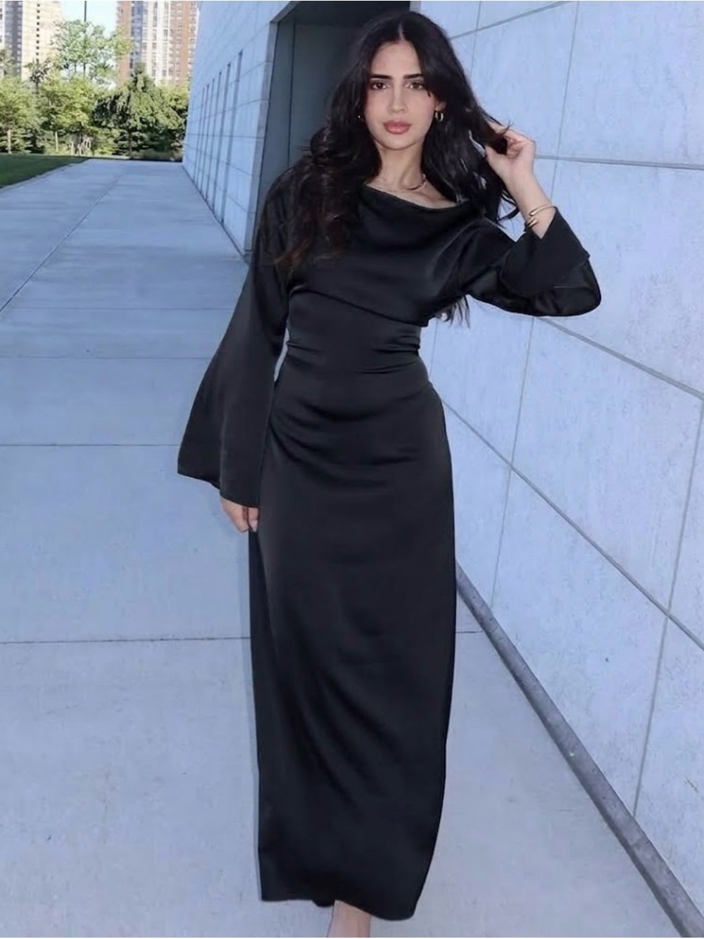 Mina & Co Sleek Black Satin Maxi Dress with Elegant Draped Neckline